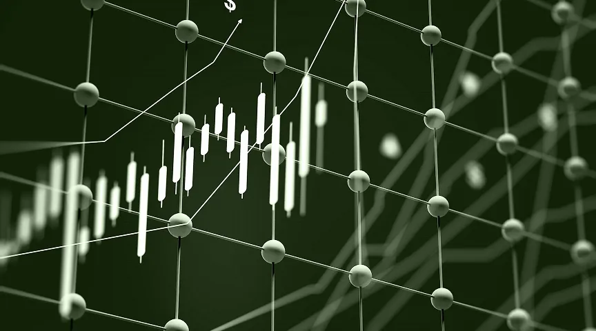 3D molecular grid with white stock price candlestick chart and upward trend lines on dark background.