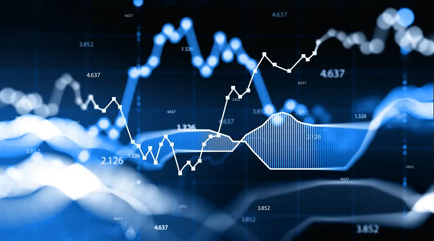 Abstract blue financial chart with fluctuating lines and numeric data on a dark background.