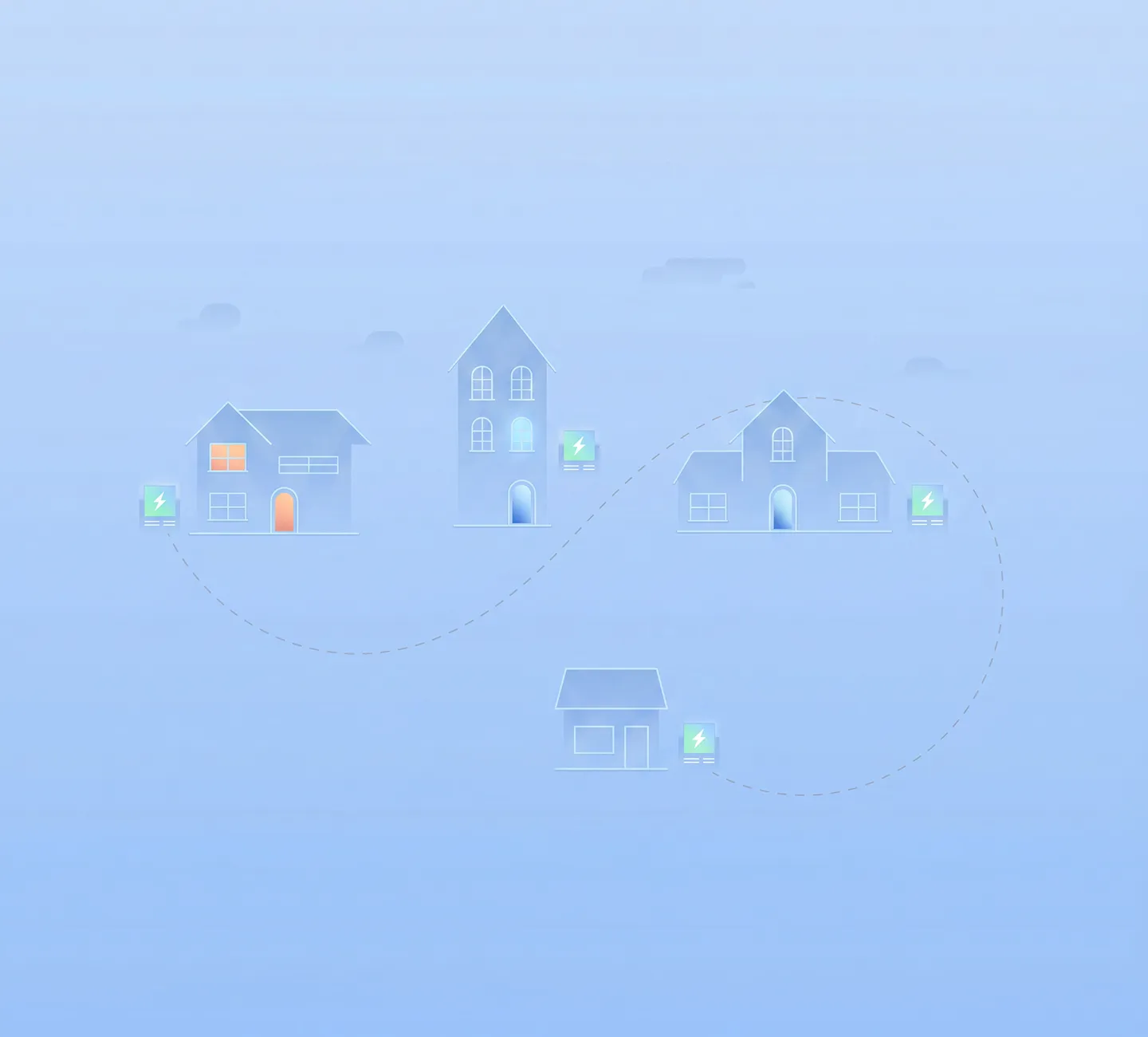 Illustration of four houses connected by dotted lines with electric meter icons next to each.