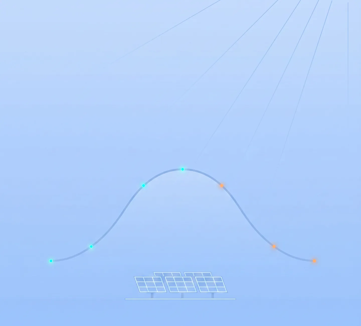 Solar panels below a curved graph line with points under a sun emitting rays on a light blue background.