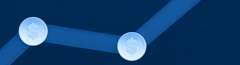 Graph line with two blue circular points containing dollar signs on a dark blue background.