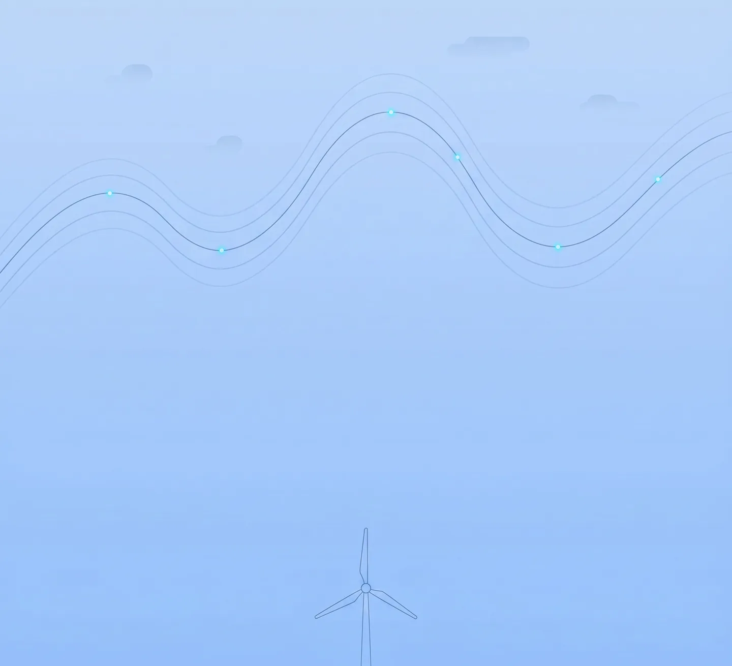 Minimalistic wind turbine below a sky with sine wave lines and small glowing data points.