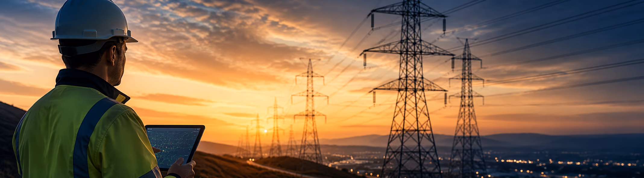 Electric professional viewing power lines in the sunset