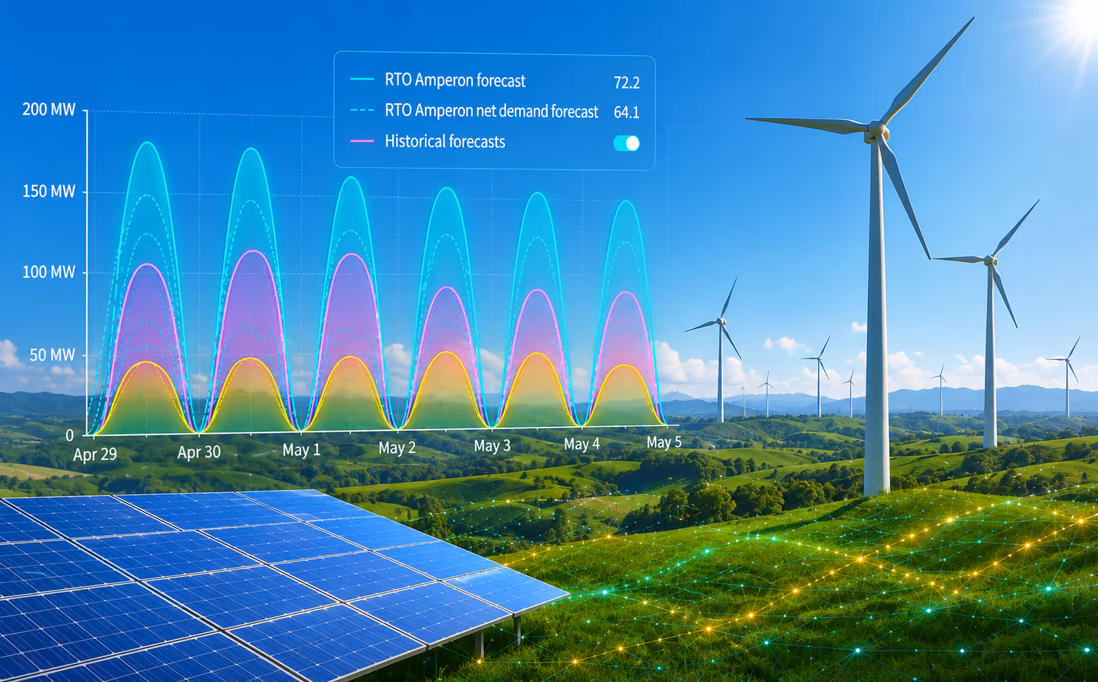 Wind turbines with UI line graph overlay