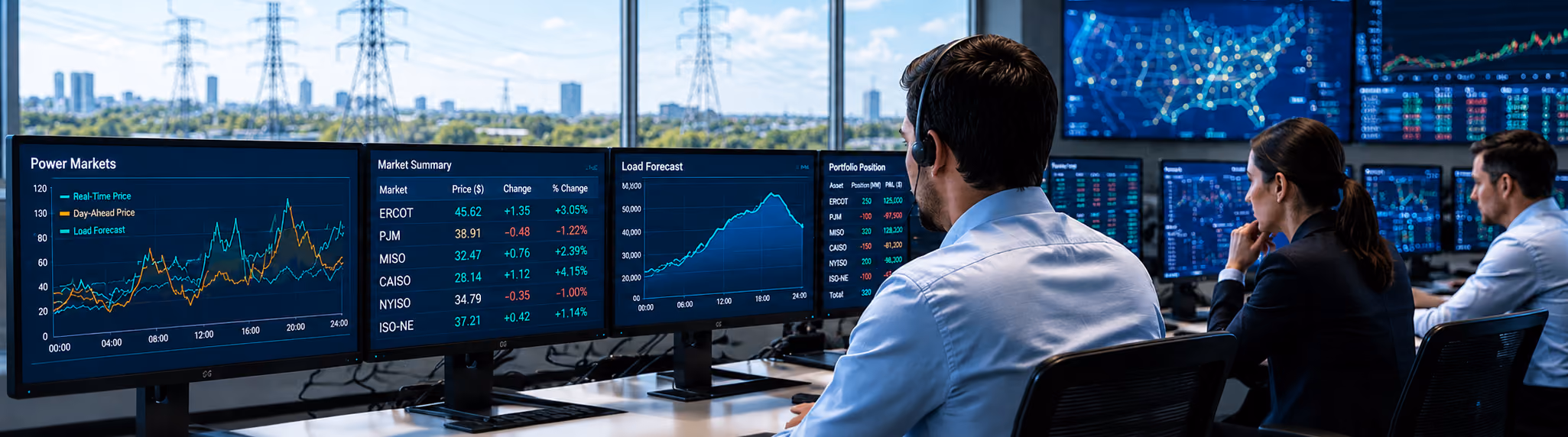 Utility and retailer power traders analyzing forecasting data