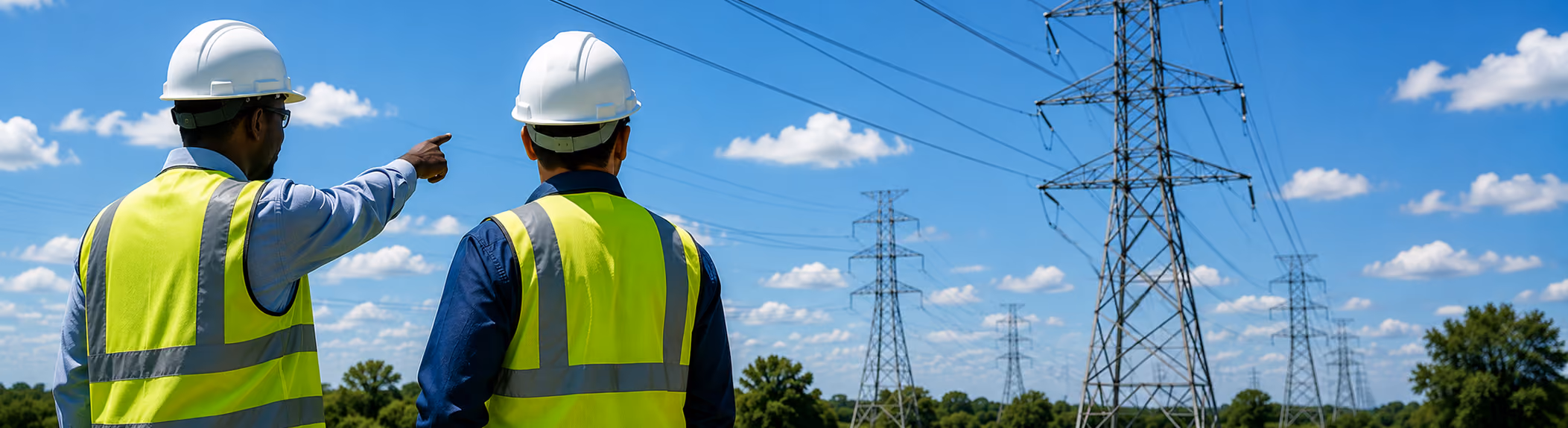 Utility professionals viewing power lines