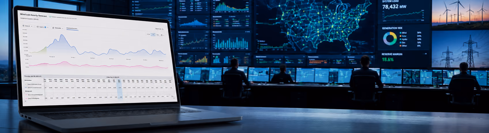 Computer showing forecasting data with grid date monitors in the background