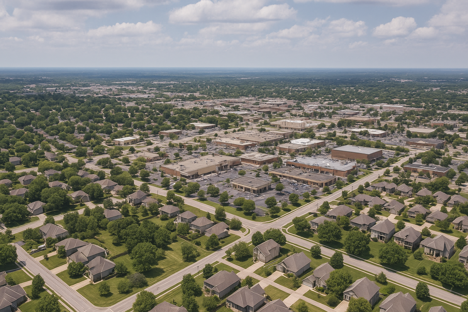Aerial view of Lee's Summit, Missouri featuring suburban homes, commercial buildings, and surrounding greenery under daylight
