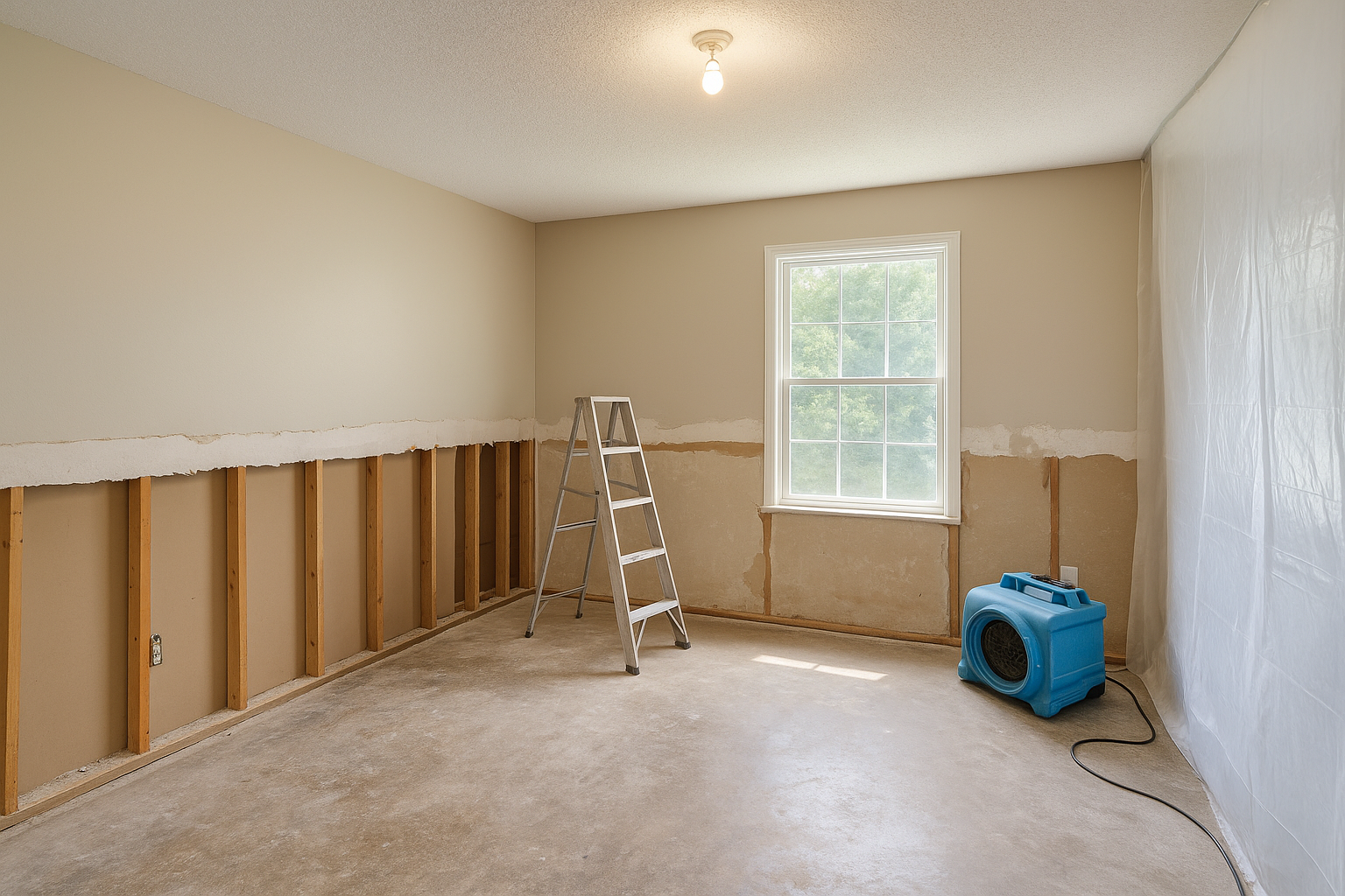 Interior property restoration in Mission, Kansas with exposed lower drywall, wooden studs, a ladder, and a blue air mover near a window under natural light