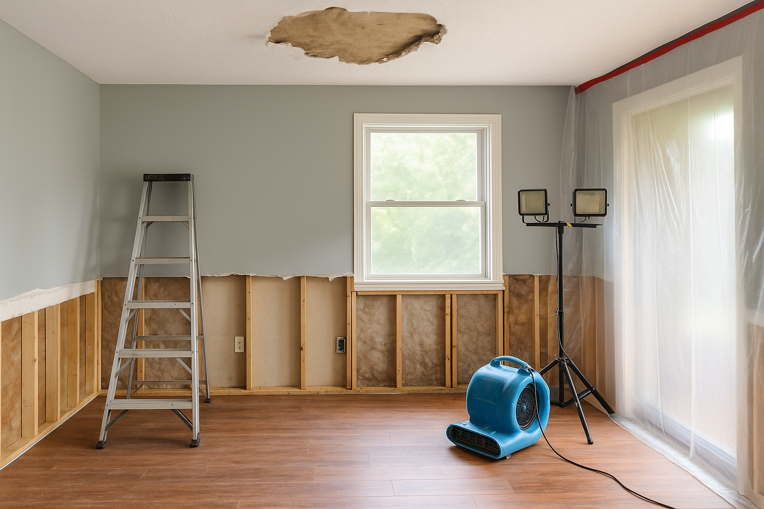 Interior restoration in Overland Park, Kansas with exposed wall studs, ceiling damage, plastic sheeting, a ladder, and a blue air mover on wood flooring