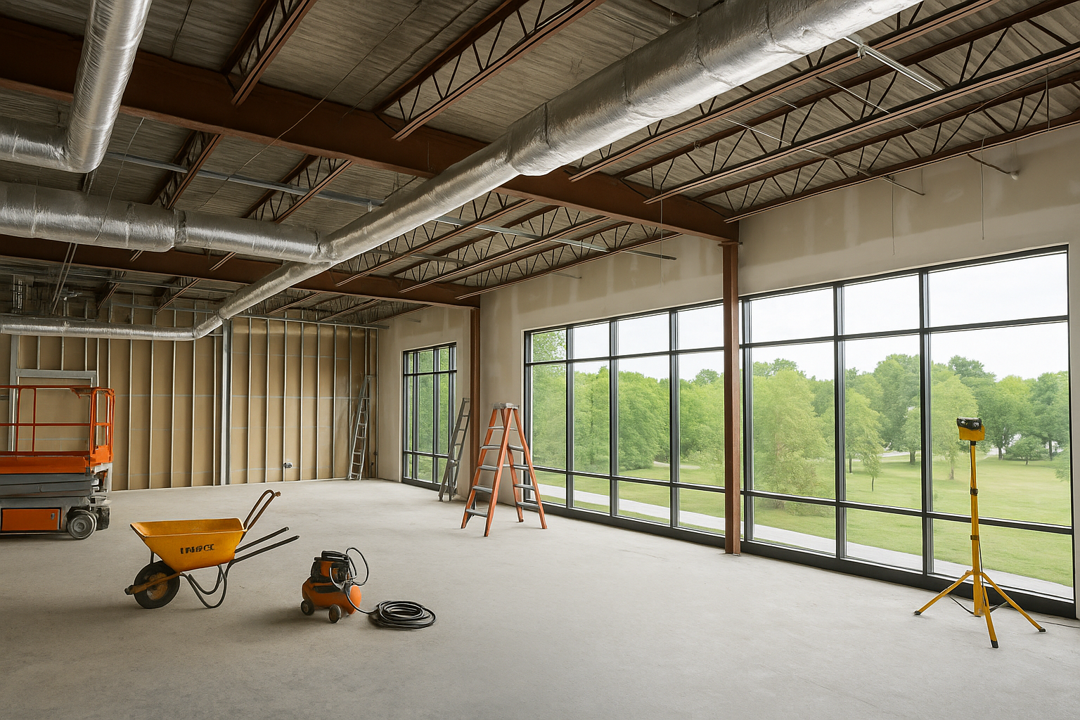 Interior view of a commercial renovation project in Overland Park, KS, showing exposed ductwork, framing, and construction tools in a sunlit workspace.