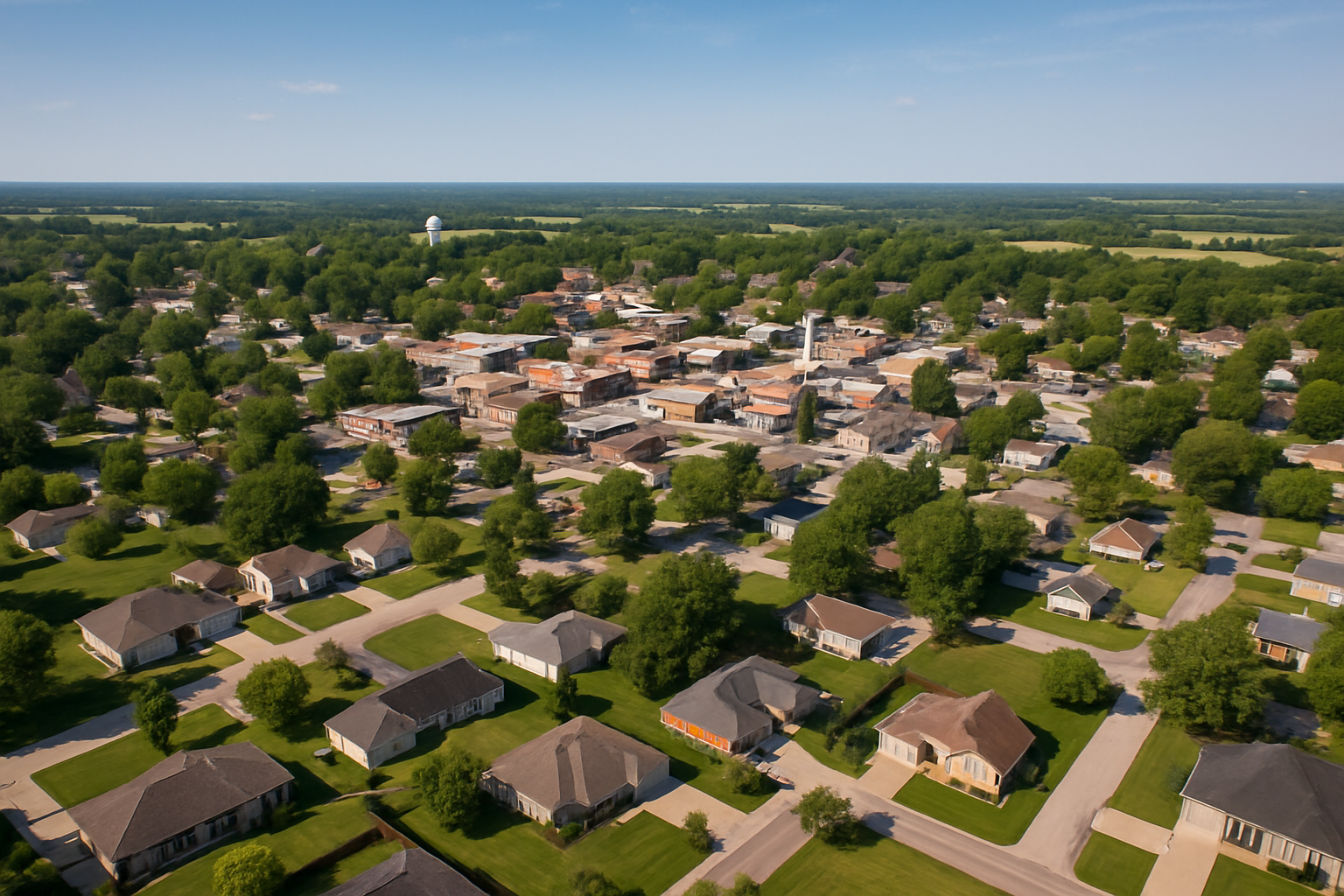 Aerial view of Pleasant Hill, Missouri showing a mix of residential neighborhoods and commercial buildings surrounded by trees and open green space.