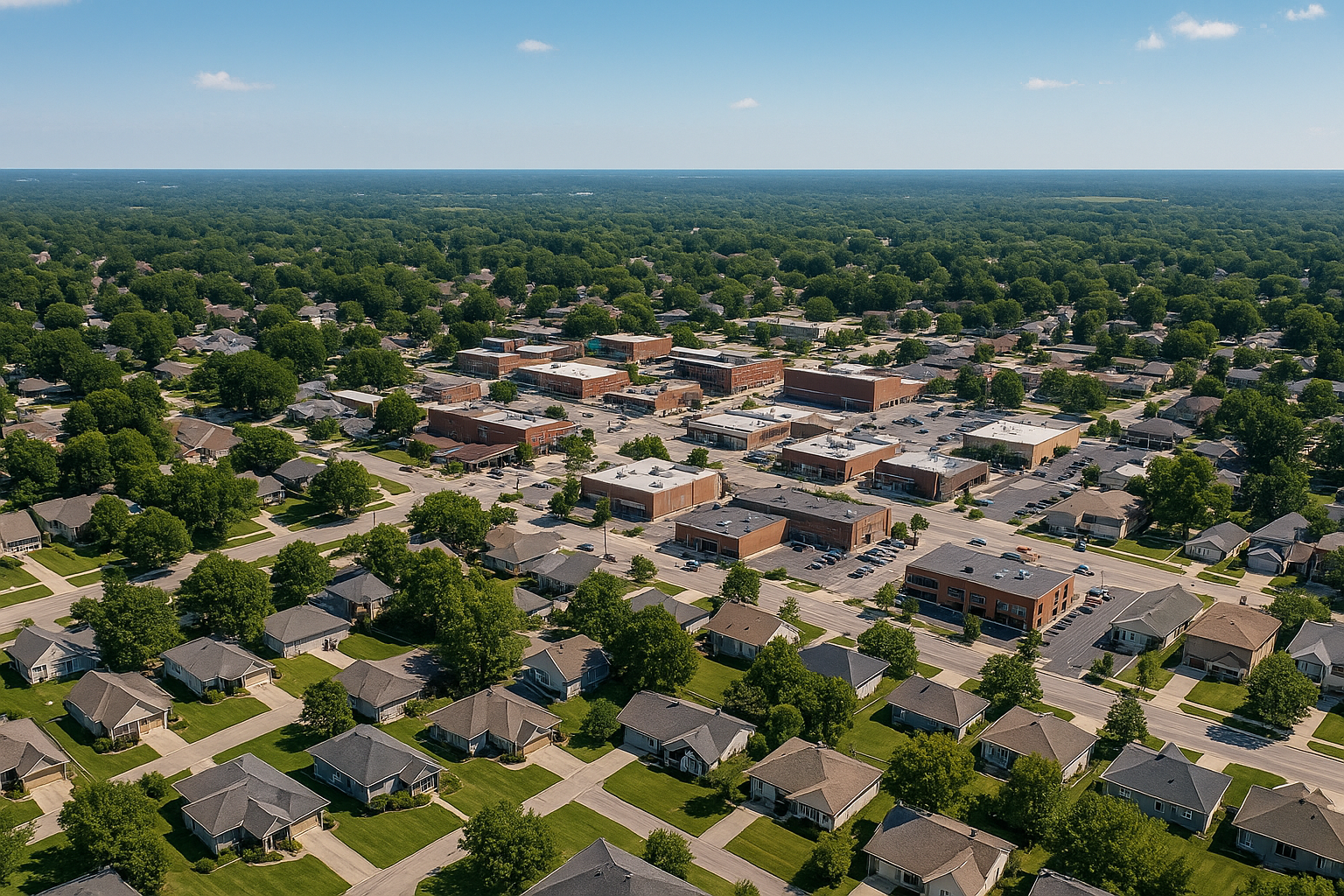 Aerial view of Prairie Village, Kansas showcasing tree-lined residential streets and a commercial district with flat-roof buildings under a bright, partly cloudy sky.