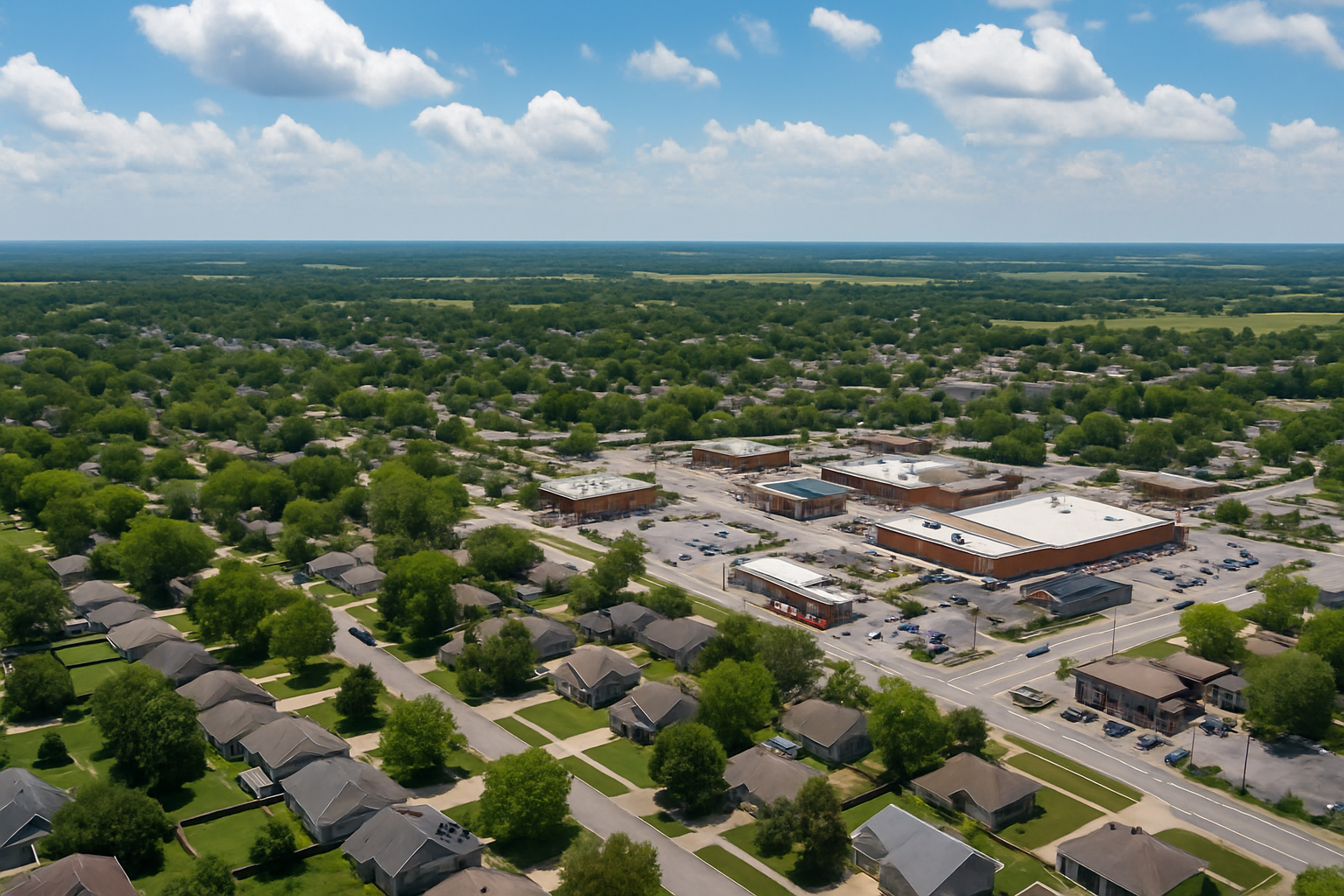 Aerial view of Raymore, MO showing suburban homes and commercial buildings under a clear blue sky.