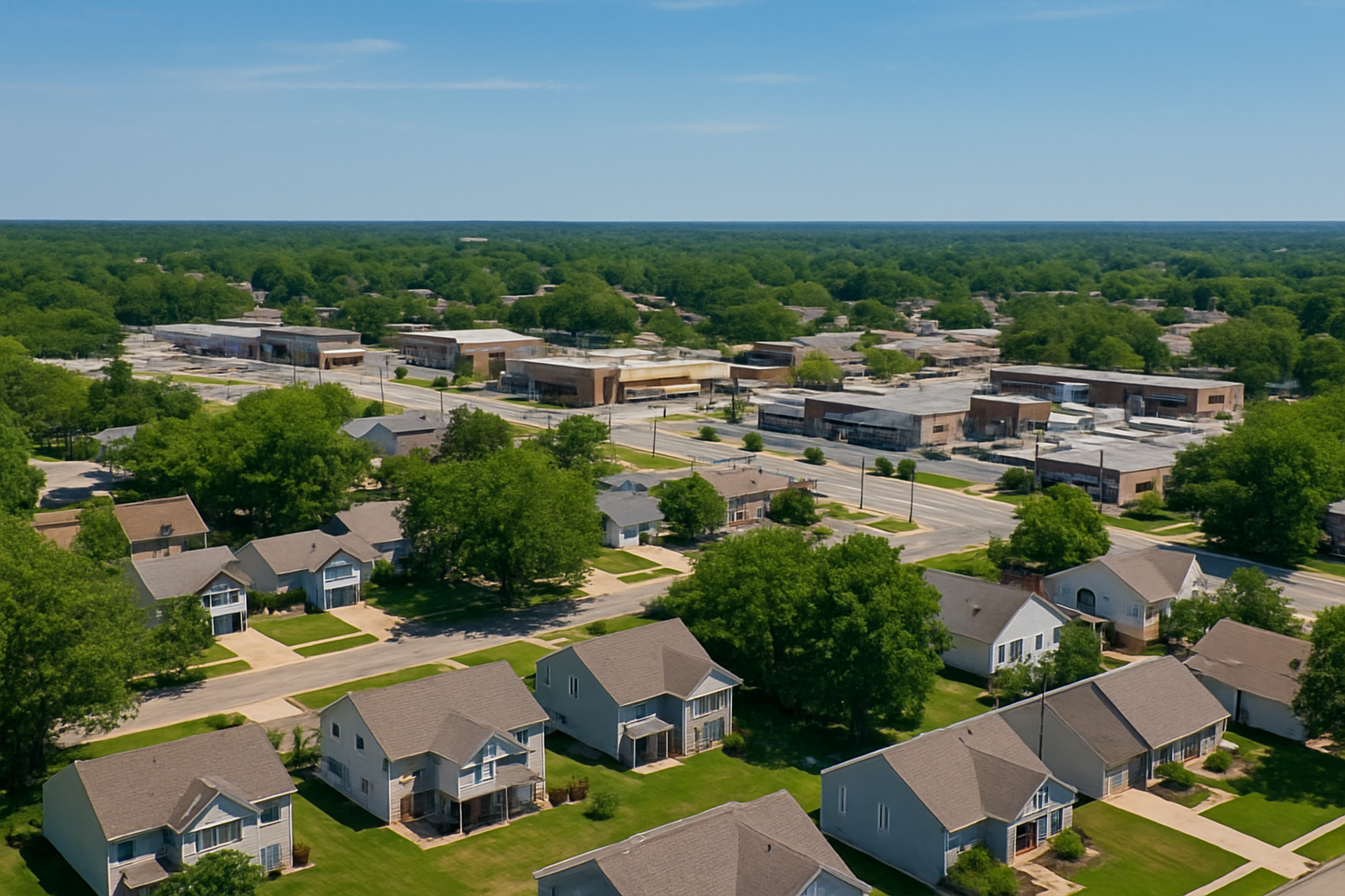 Aerial view of Raytown, MO featuring suburban homes and commercial buildings surrounded by greenery under a clear blue sky.