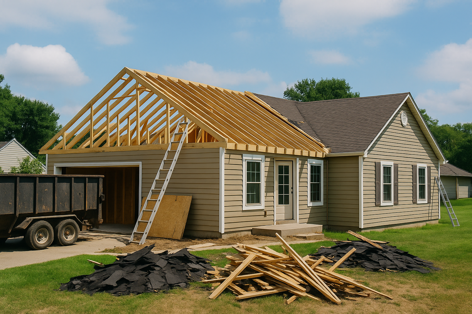 A high-resolution photograph captures the restoration of a residential home in Pleasant Hill, MO, with roof framing exposed, debris and construction materials in the yard, and clear blue skies in the background.