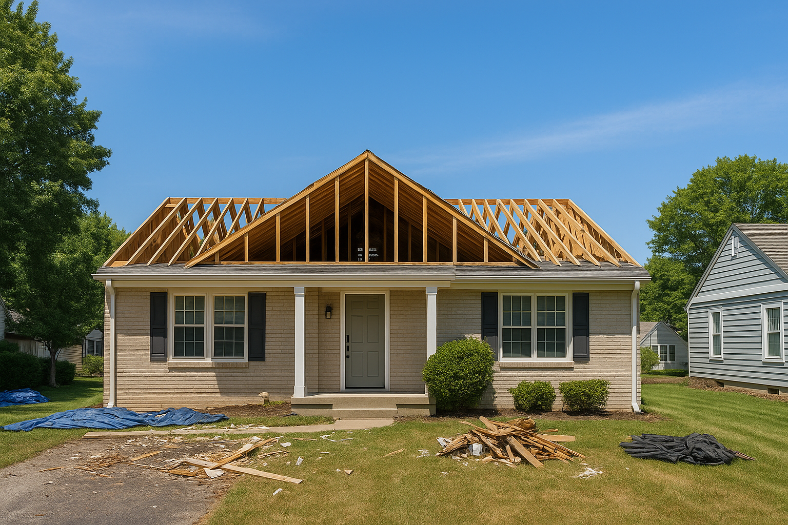 Residential property restoration project in Prairie Village, KS showing partial roof replacement on a single-story home with construction debris in the yard.