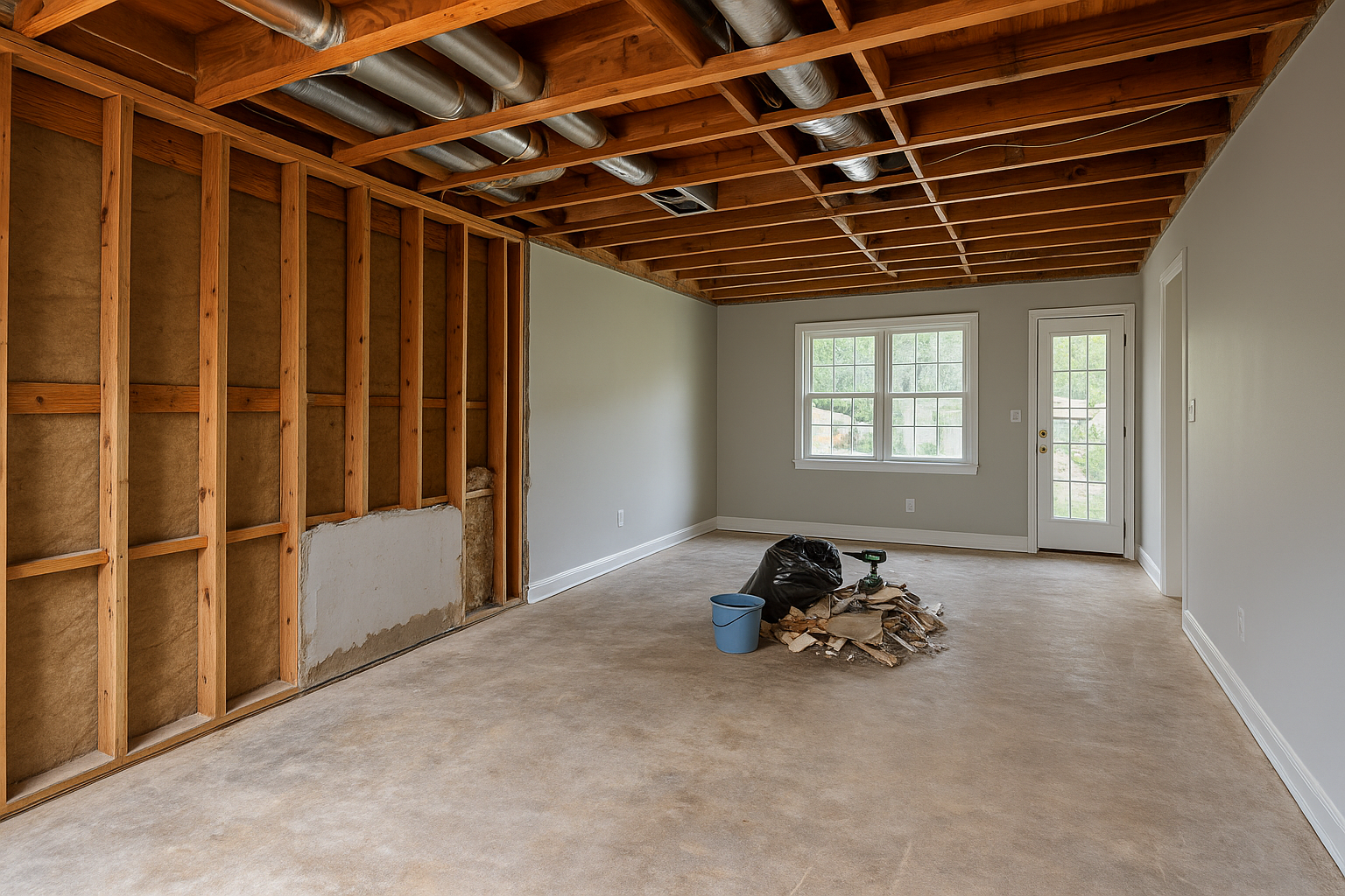 Interior property restoration underway in Raymore, MO, featuring exposed framing and ceiling joists in a residential space being rebuilt after damage.