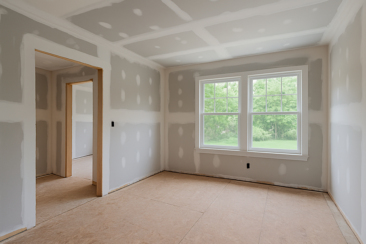 Interior view of a Raytown, MO home undergoing property restoration, featuring exposed drywall and unfinished flooring with natural light through large windows.
