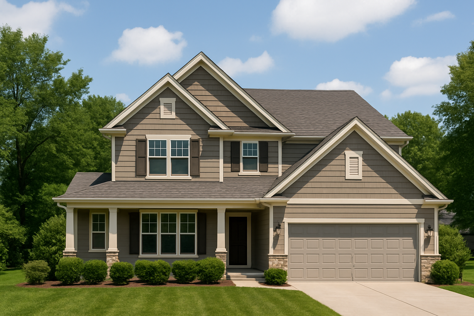 Front view of a residential home in Pleasant Hill, MO with the roof clearly visible under a sunny sky.