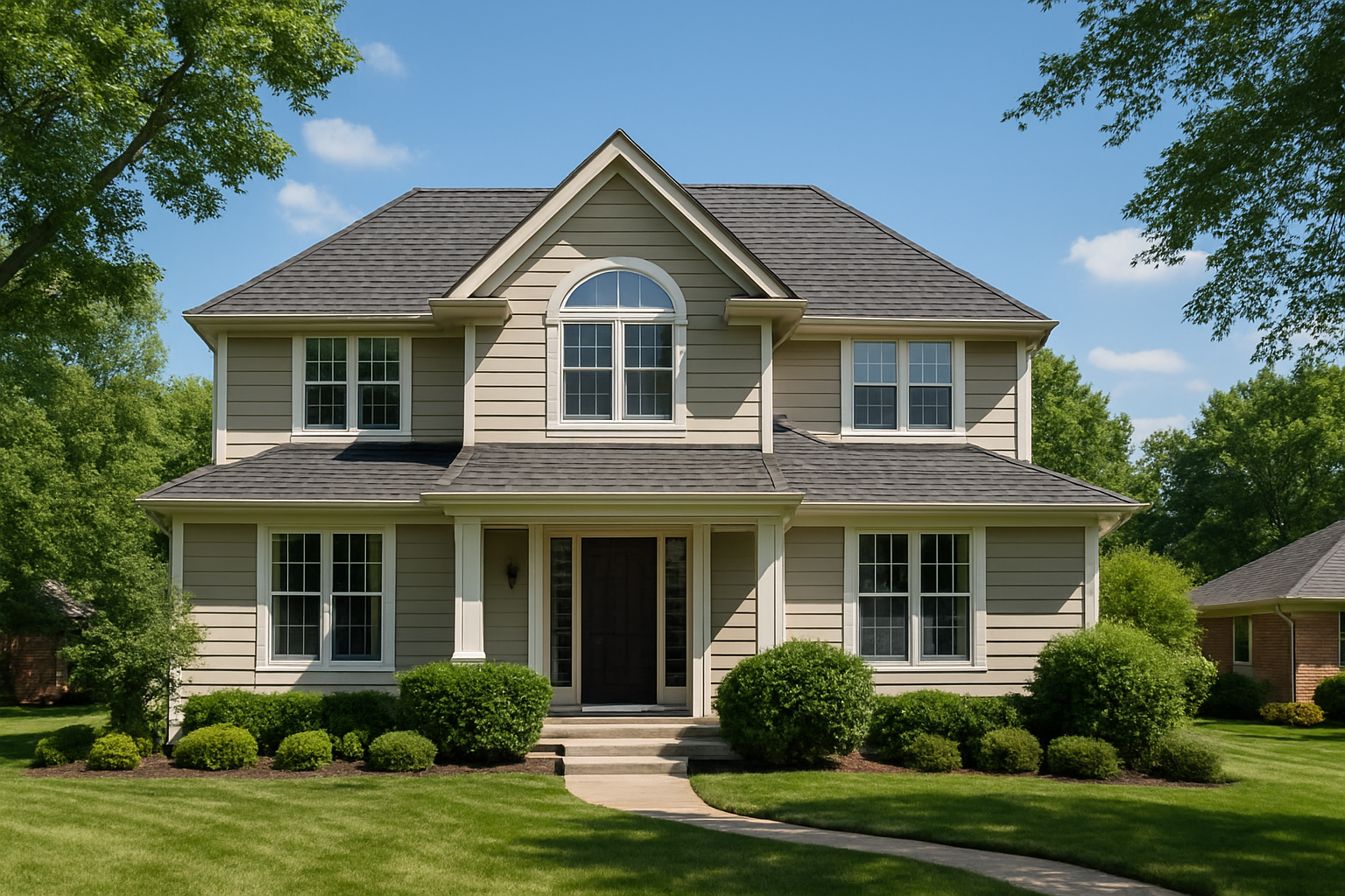 Two-story Prairie Village KS home with dark gray shingle roof and clear front view.