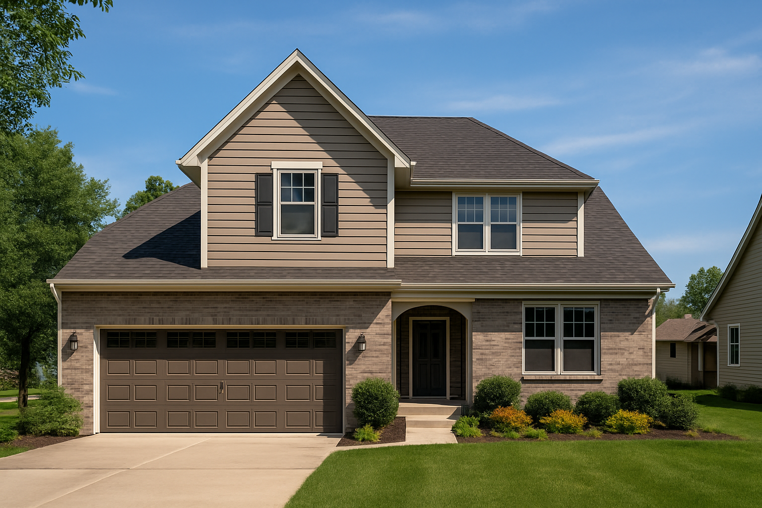 A high-resolution photograph of a two-story suburban home in Raymore, Missouri, with a clean, clearly visible asphalt shingle roof under midday sun.