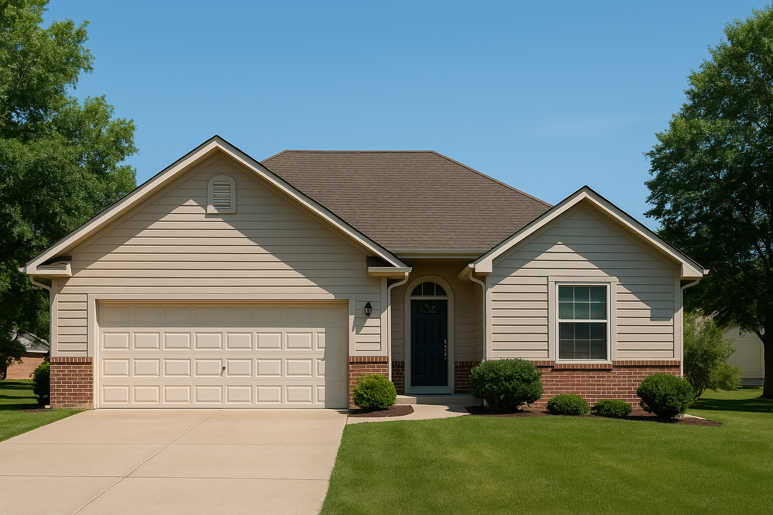 Suburban single-story home in Raytown, MO with asphalt shingle roof clearly visible on a sunny day
