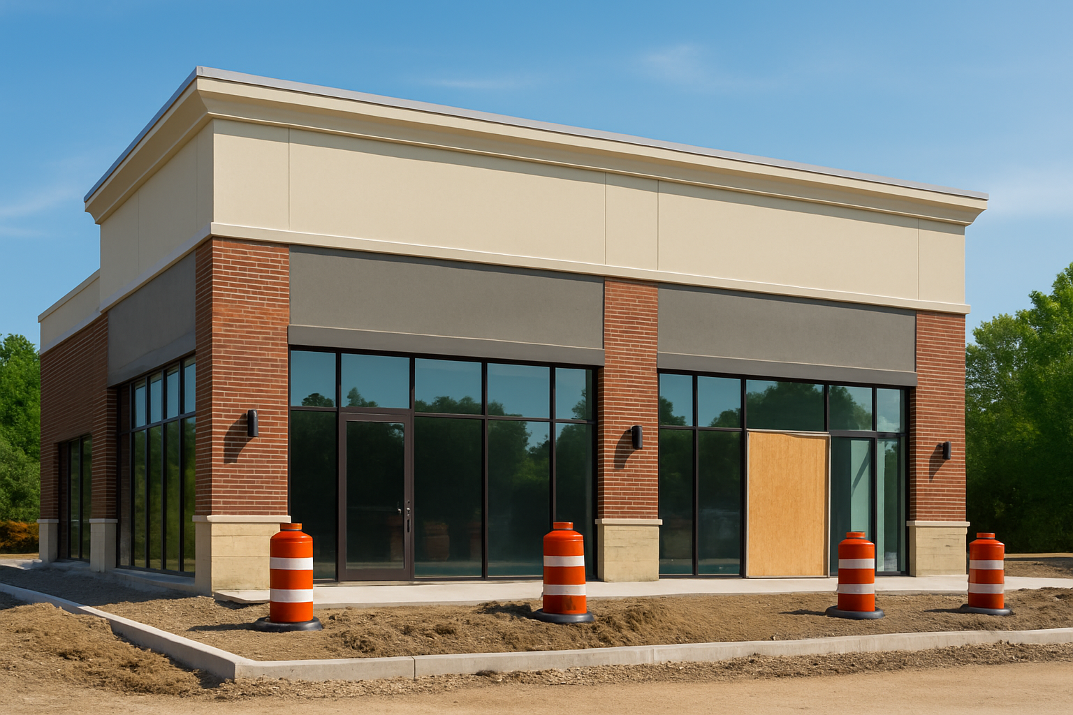 A high-resolution image of a commercial building in Pleasant Hill, MO undergoing exterior renovation with exposed soil, construction barrels, and boarded entry.