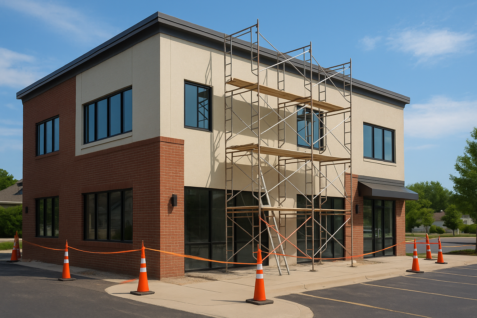 A high-resolution daytime photograph captures a two-story commercial building in Raymore, MO undergoing renovation, with scaffolding on the facade and orange safety cones marking off the work area.