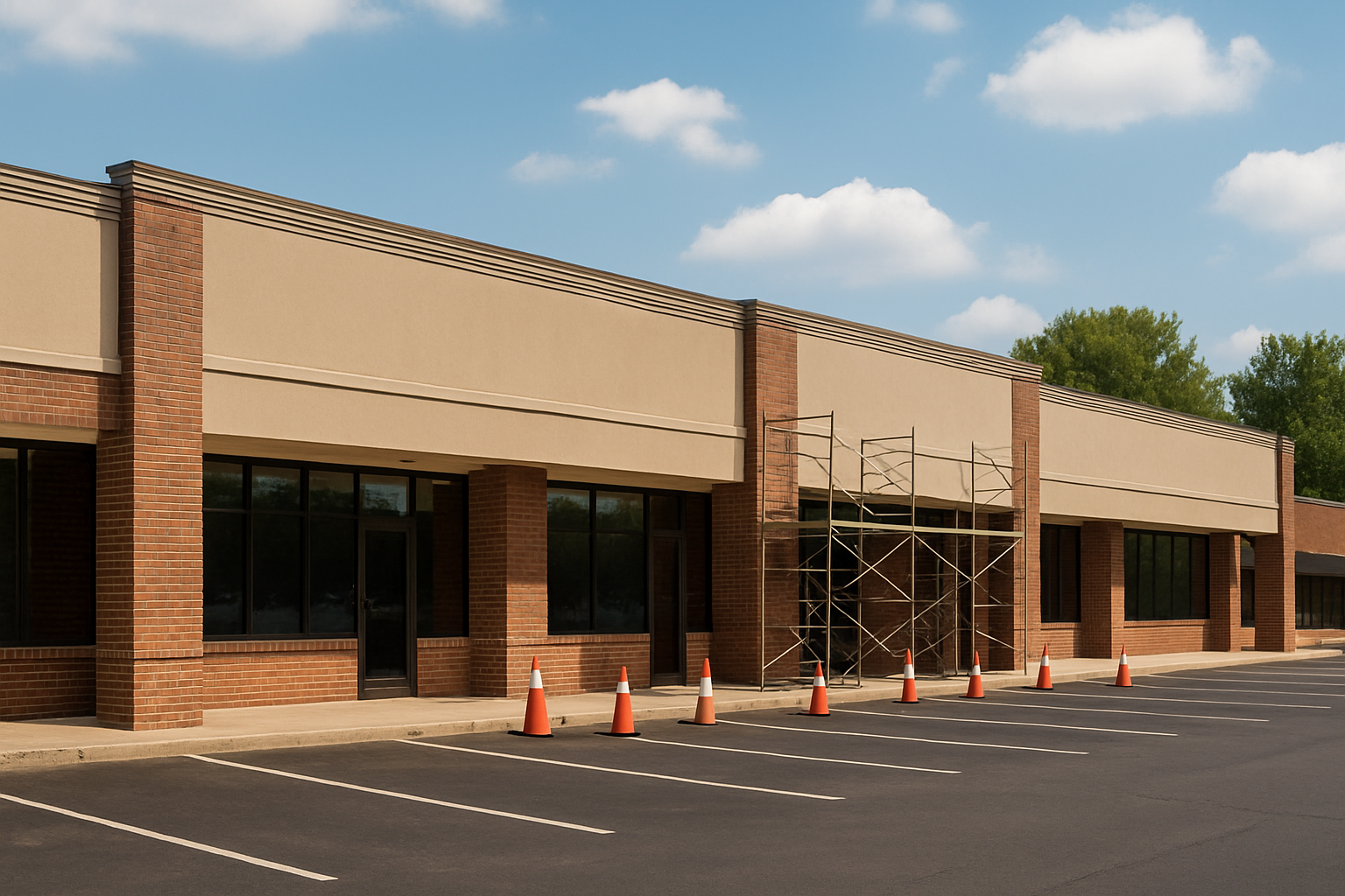A high-resolution photograph displays a single-story commercial strip mall in Raytown, MO with red brick and beige stucco exteriors, scaffolding on the façade, and traffic cones marking the area during renovation. Ask ChatGPT
