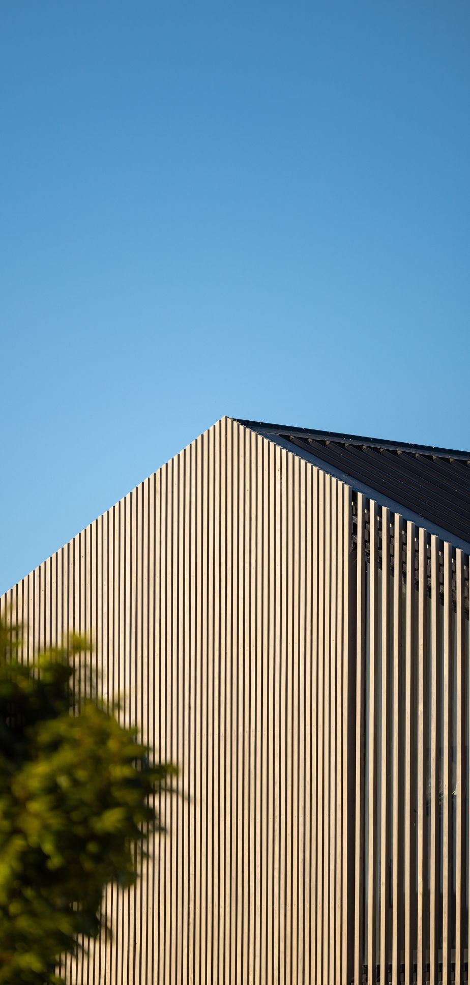Modern building side with vertical wooden slats and black metal roof against clear blue sky.