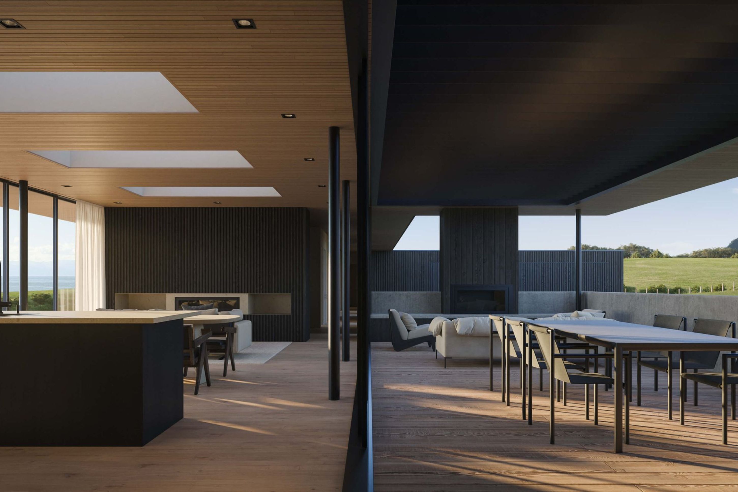 Modern indoor and outdoor living space separated by glass, featuring wooden ceilings, dining tables, chairs, and sofas with a scenic green landscape outside.