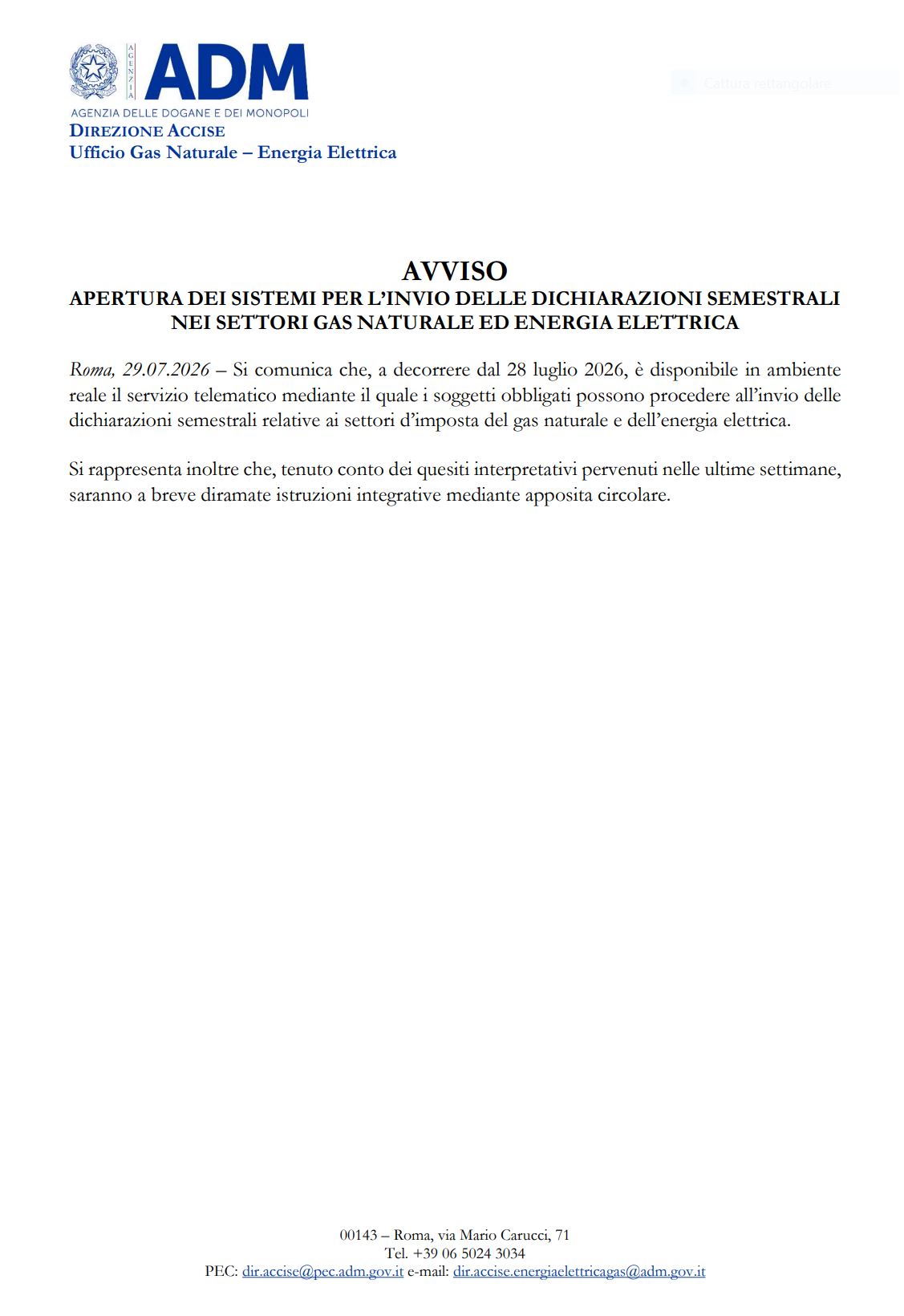 Apertura dei sistemi per le dichiarazioni di consumo I semestre 2026