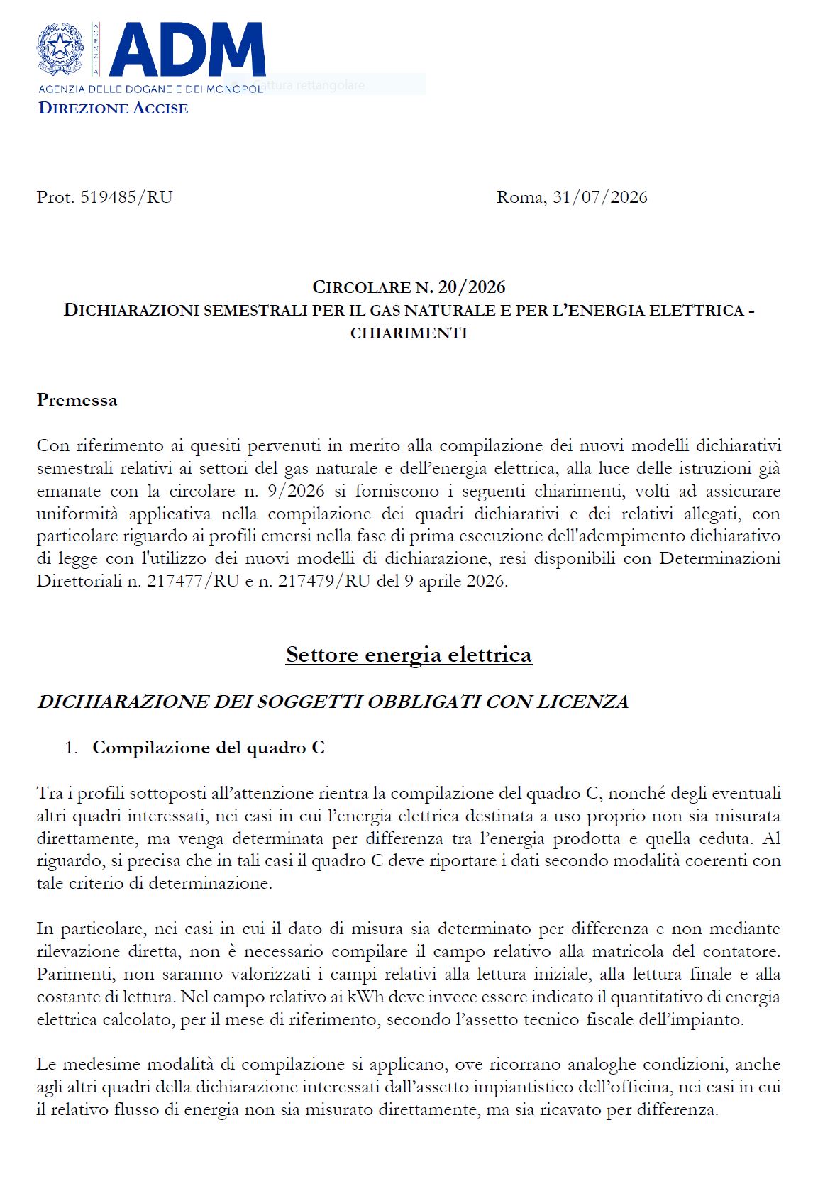 Dichiarazioni semestrali energia elettrica: nuovi chiarimenti ADM - Circolare 20/2026