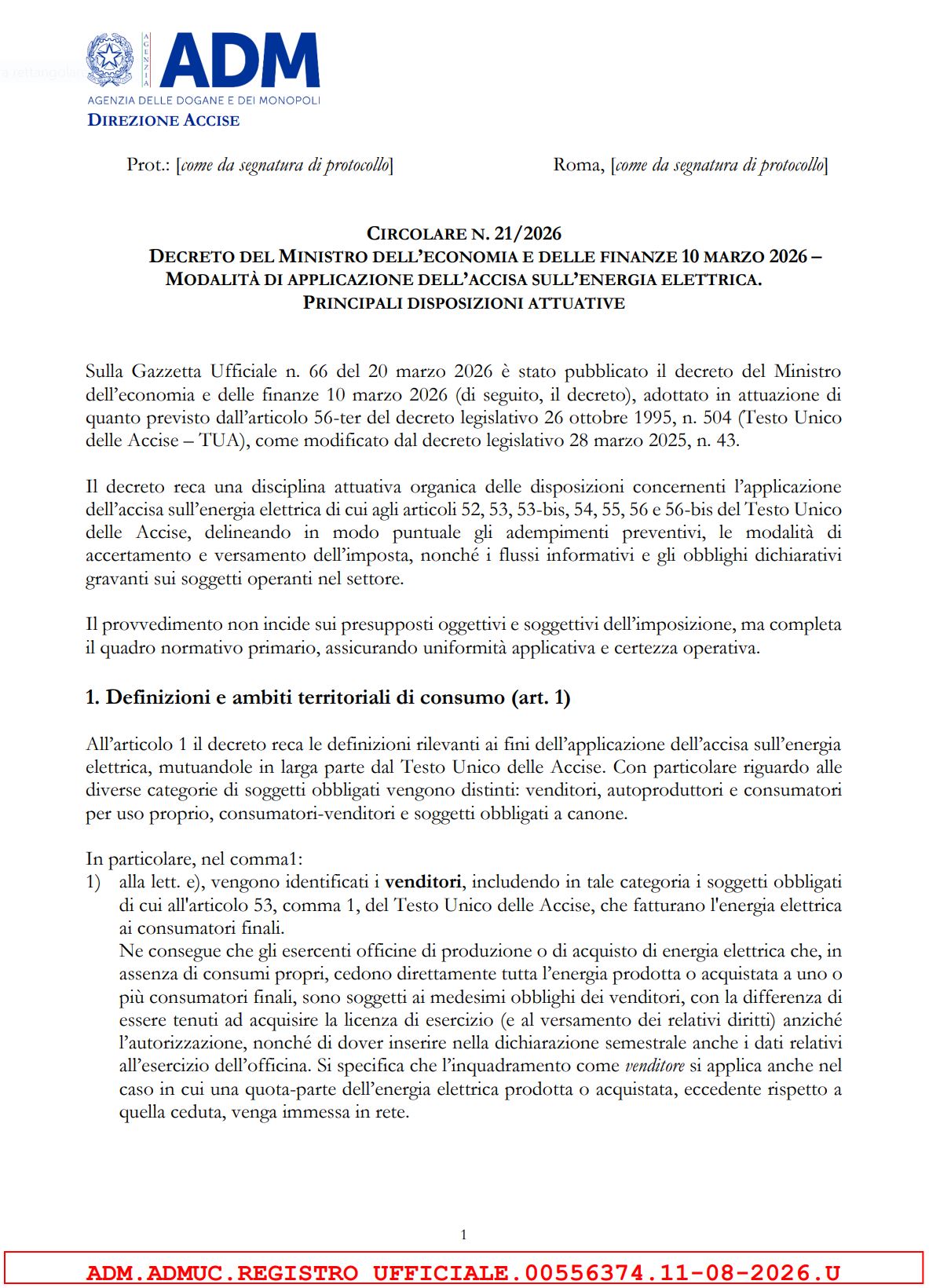 Dichiarazioni semestrali energia elettrica: nuovi chiarimenti ADM - Circolare 21/2026 