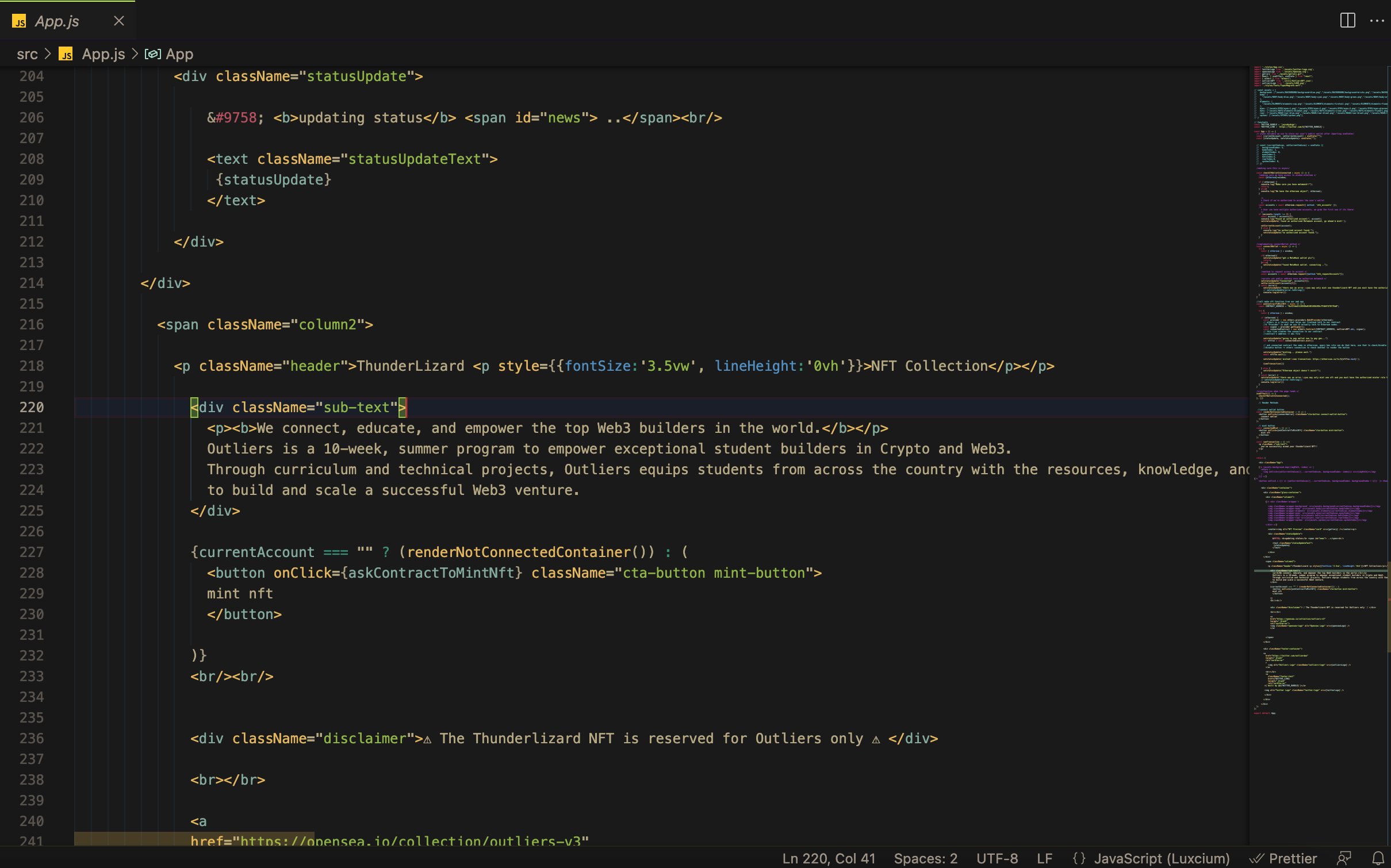 Screenshot of example code to build out webpage
