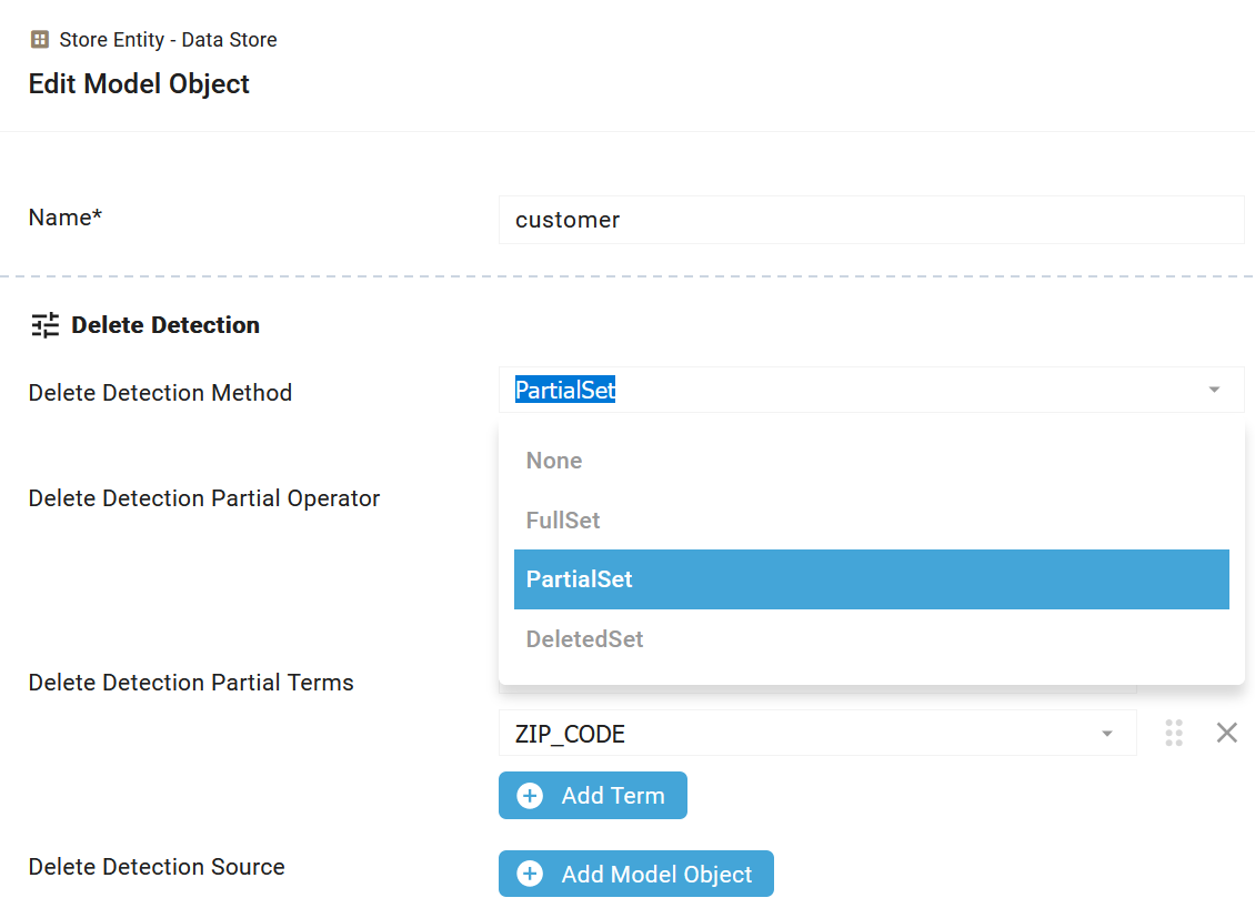 biGENIUS-X Edit Model Object screen showing the Delete Detection Method dropdown with the options None, FullSet, PartialSet and DeletedSet.