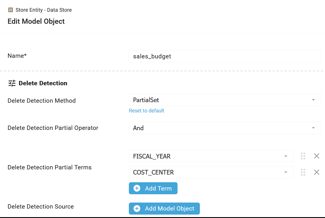 biGENIUS-X Edit Model Object screen for the entity sales_budget, with method PartialSet, operator And, and the slice terms FISCAL_YEAR and COST_CENTER. The delete detection source is empty, because PartialSet uses the dataflow's own source view.