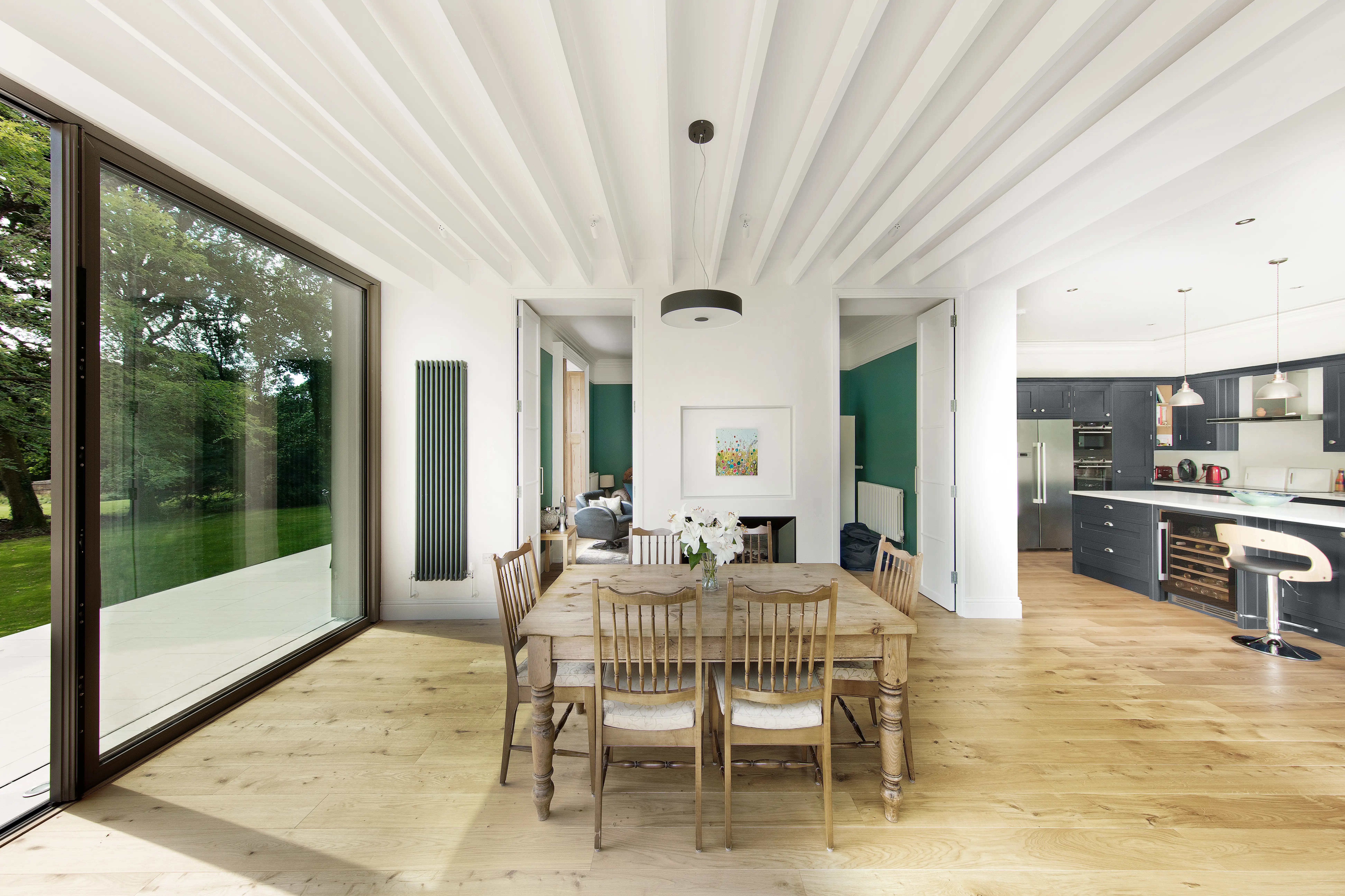 gatti House dining room and double aspect fireplace