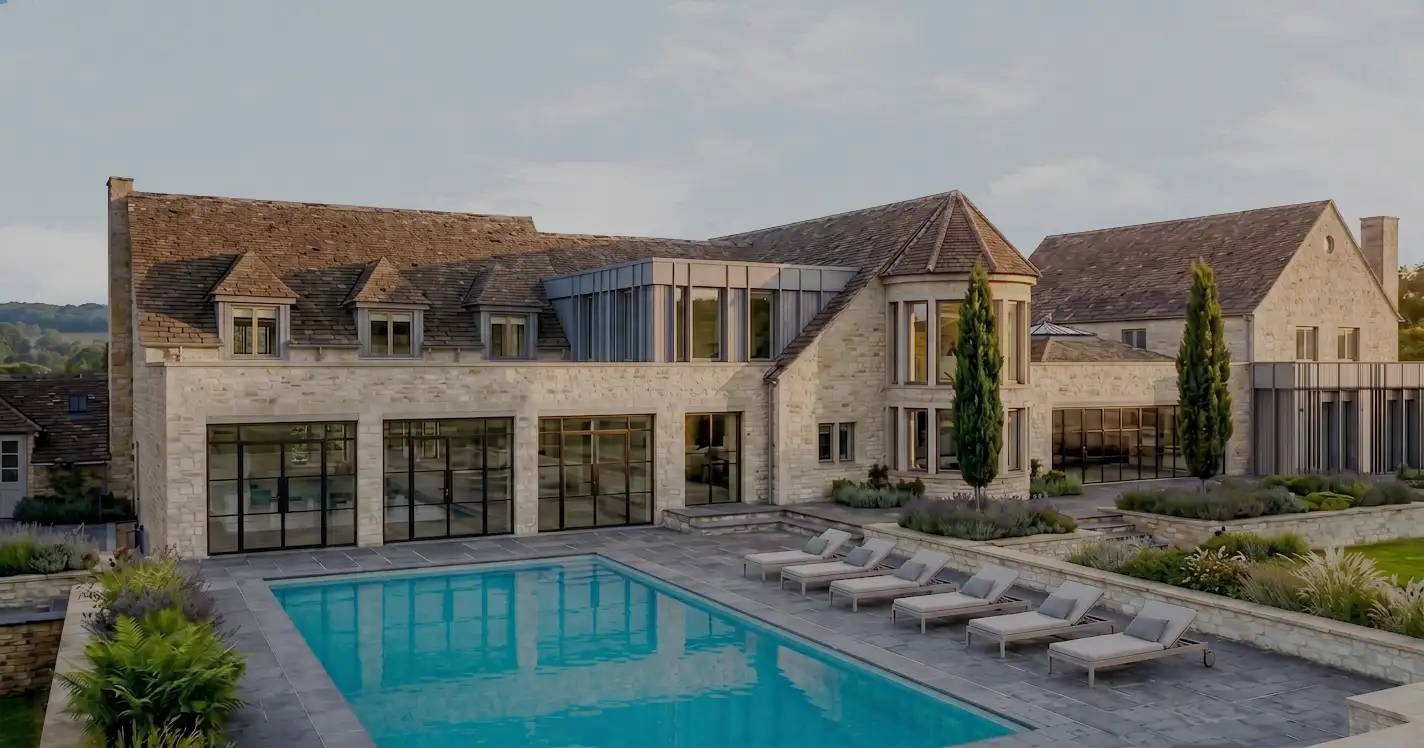 Pool view of Horwood House - a contemporary extension by Adam Knibb Architects