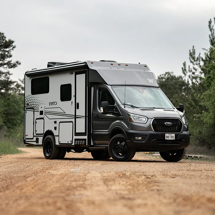 2021 Winnebago EKKO Ford Transit 350 HD with VanCompass suspension and Falcon shocks installed by Adrenaline Offroad Co. Texas
