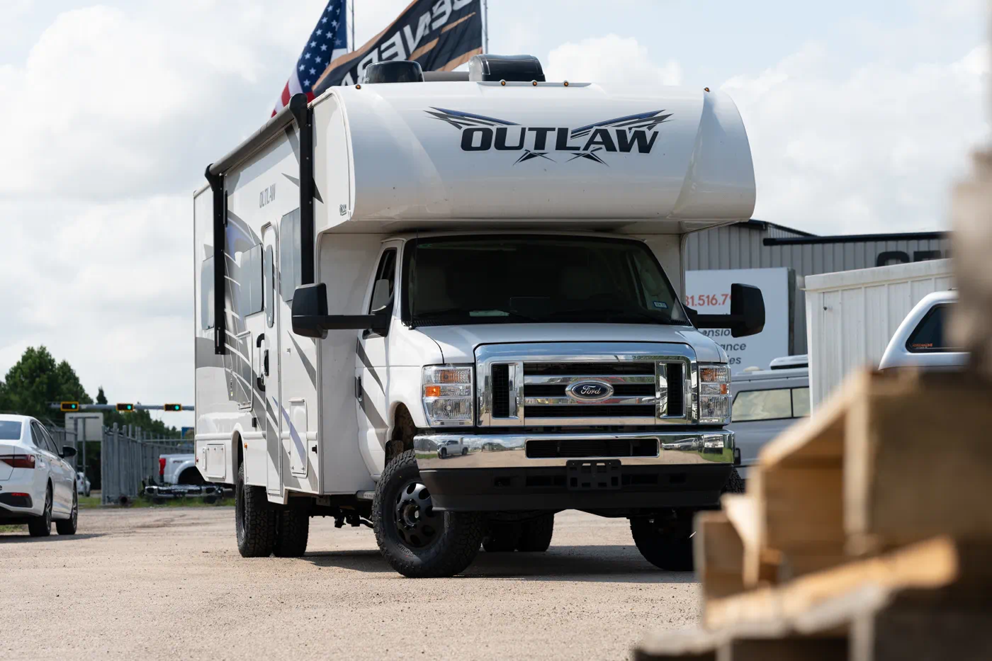 2025 Thor Outlaw 29J Ford E450 Class C toy hauler with WeldTec 6" Off Grid suspension lift kit installed by Adrenaline Offroad Co. Tomball TX near Houston