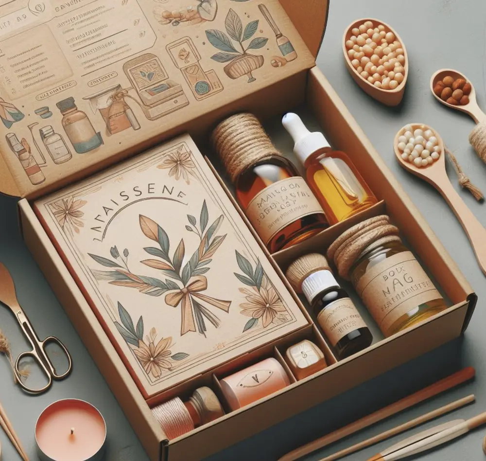 Concept de box beauté skincare naturelle aux ingrédients bruts