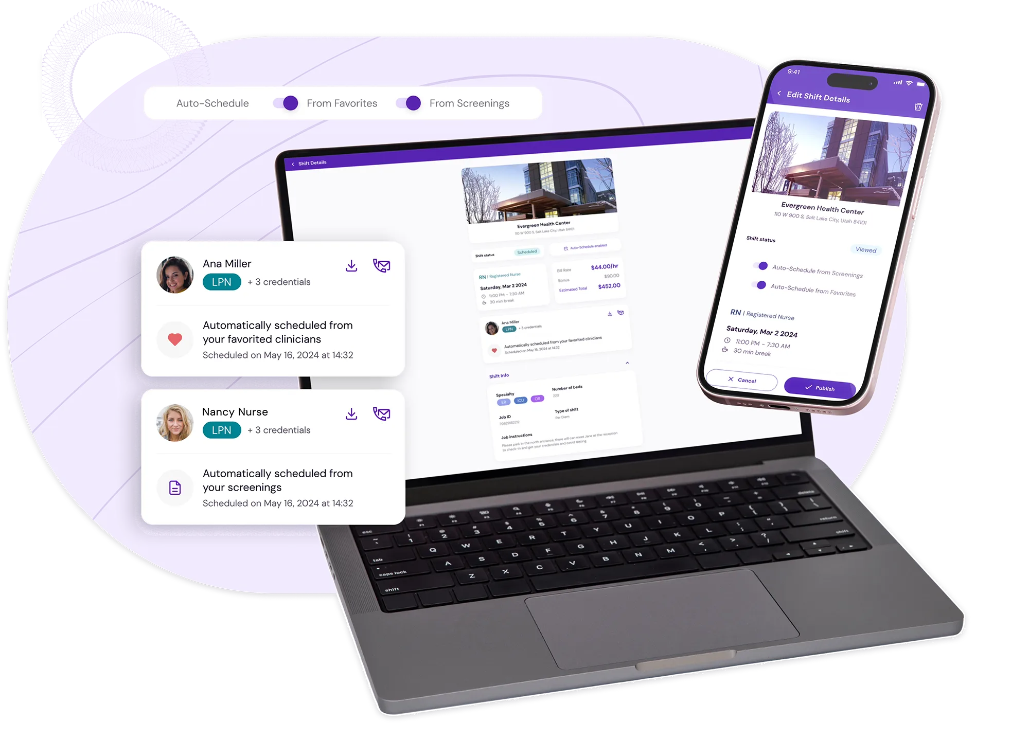 A laptop showing a facility's clinician preferences for the Auto-Schedule feature on the Nursa platform.
