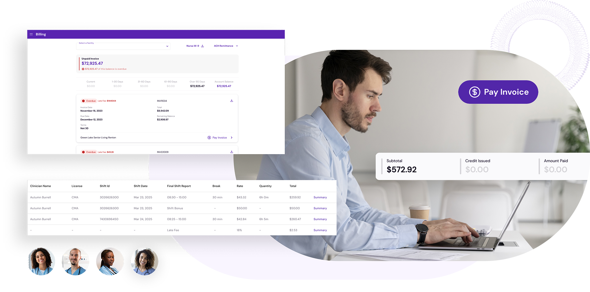 A healthcare facility user accessing the Billing center on the Nursa platform.