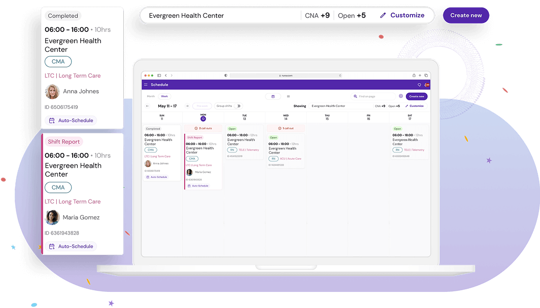 A laptop screen showing a facility's Weekly Schedule view on the Nursa platform.