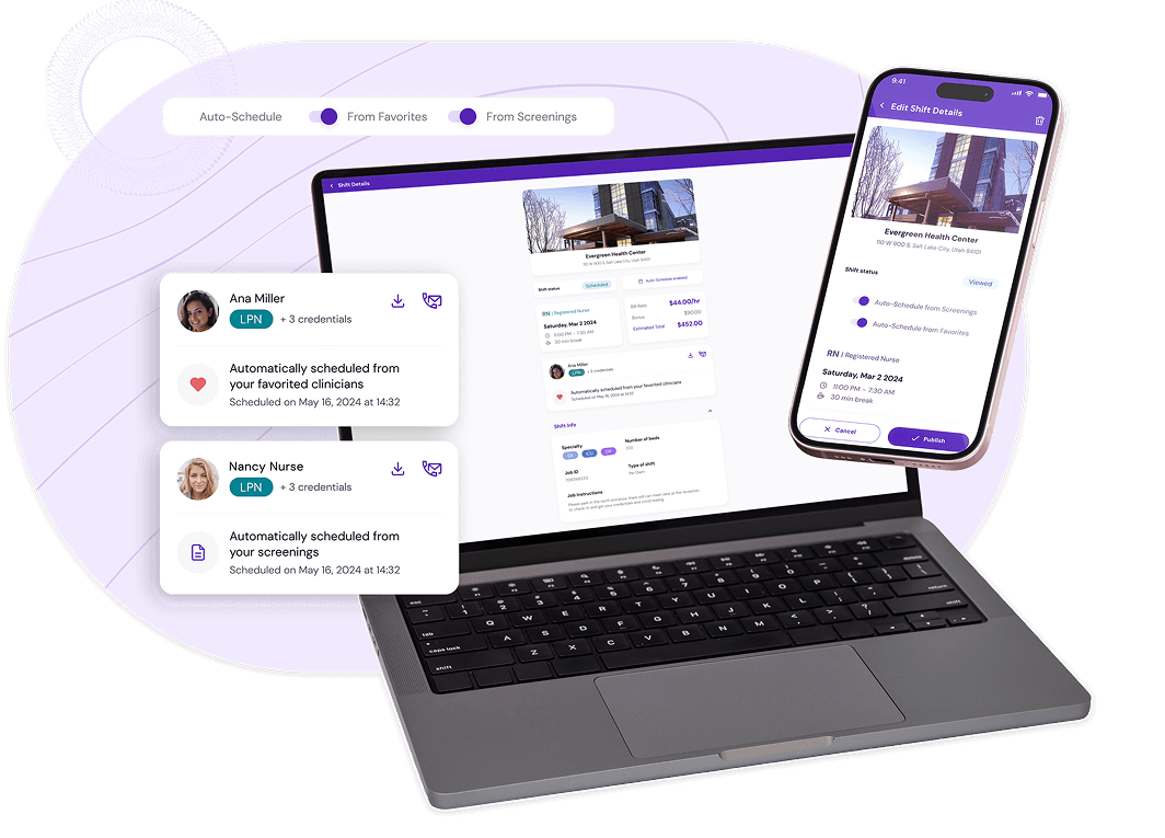 A laptop showing a facility's profile and clinician preferences for the Auto-Schedule feature on the Nursa platform.