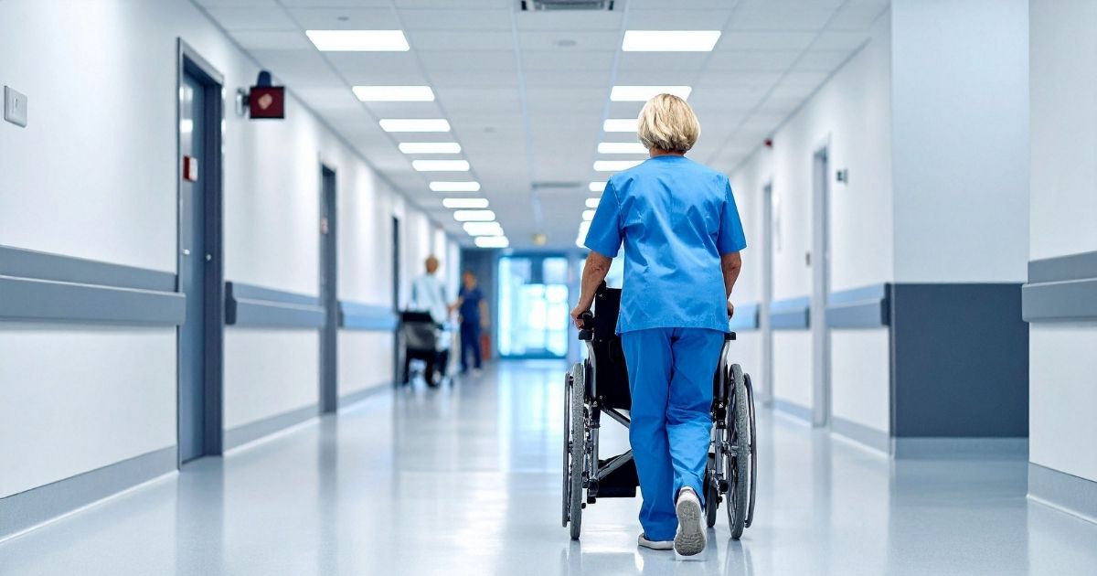 A byrse pushing a wheelchair down a hospital hallway