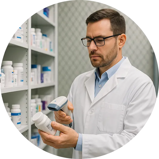Pharmacist scanning medication using barcode scanner for DSCSA compliance