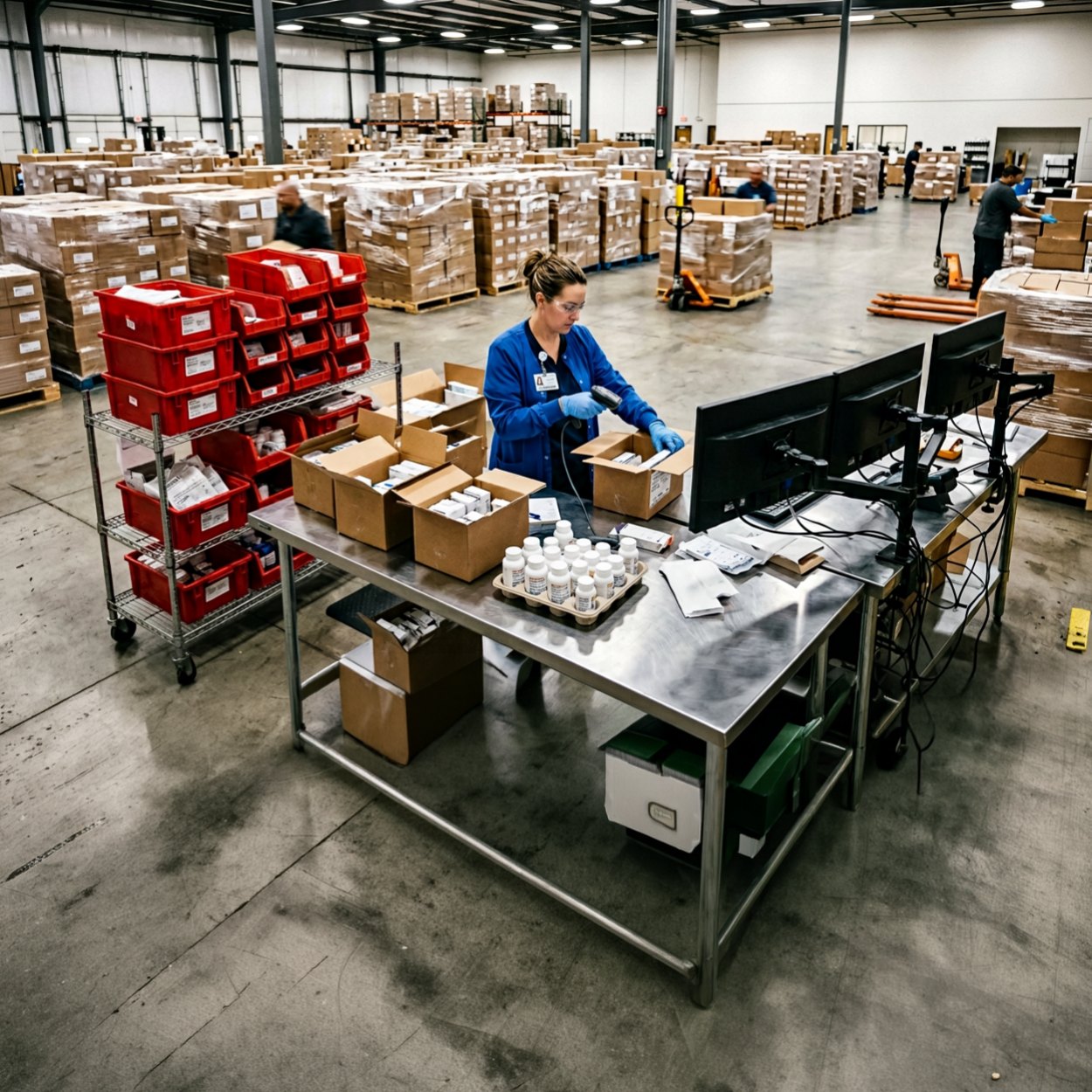 Technician scanning medication at a receiving table, with red totes and pallets of boxes behind her